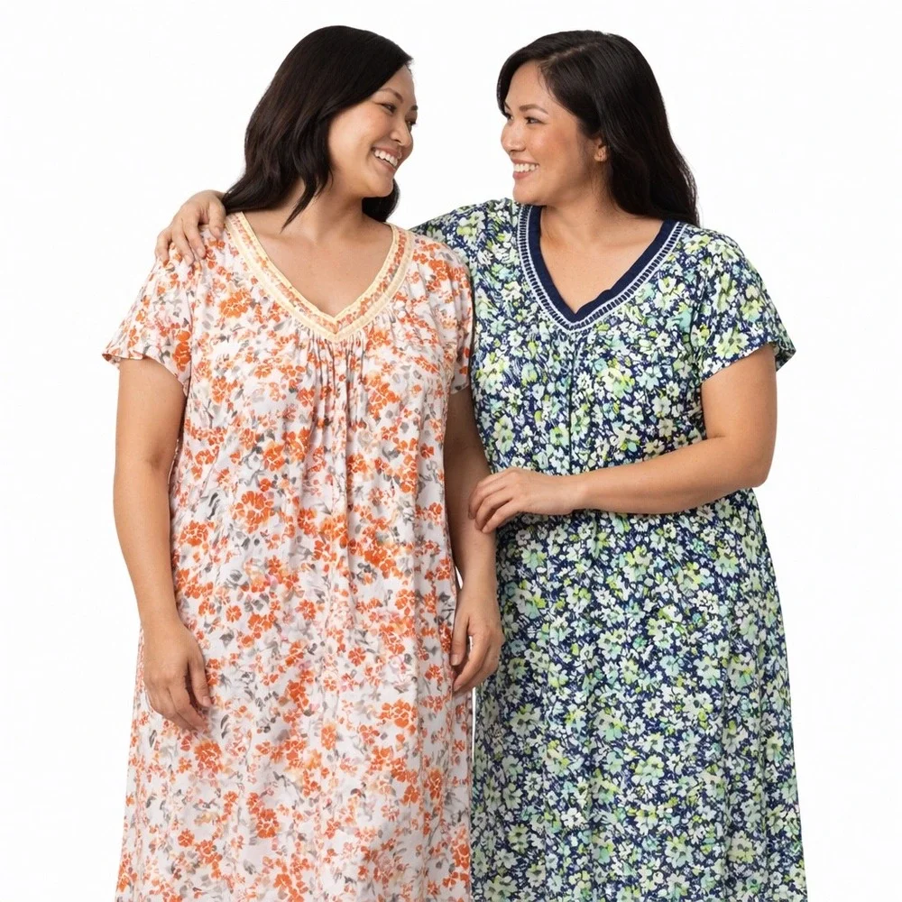Lot of 2 Earth Angels Nightgown Women XXL Multicolor Floral Green Orange Comfort